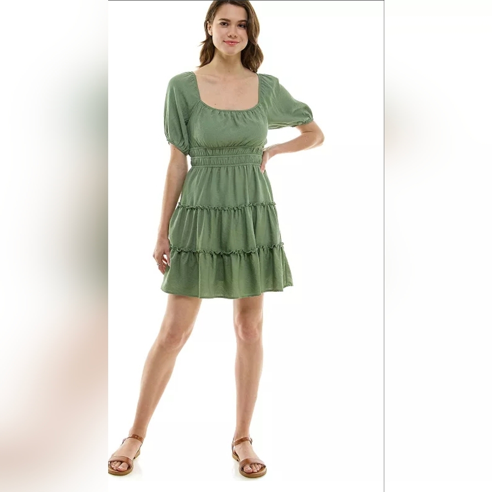 As u wish green mini drees Size L puff sleeves smocked waist slit NWT.